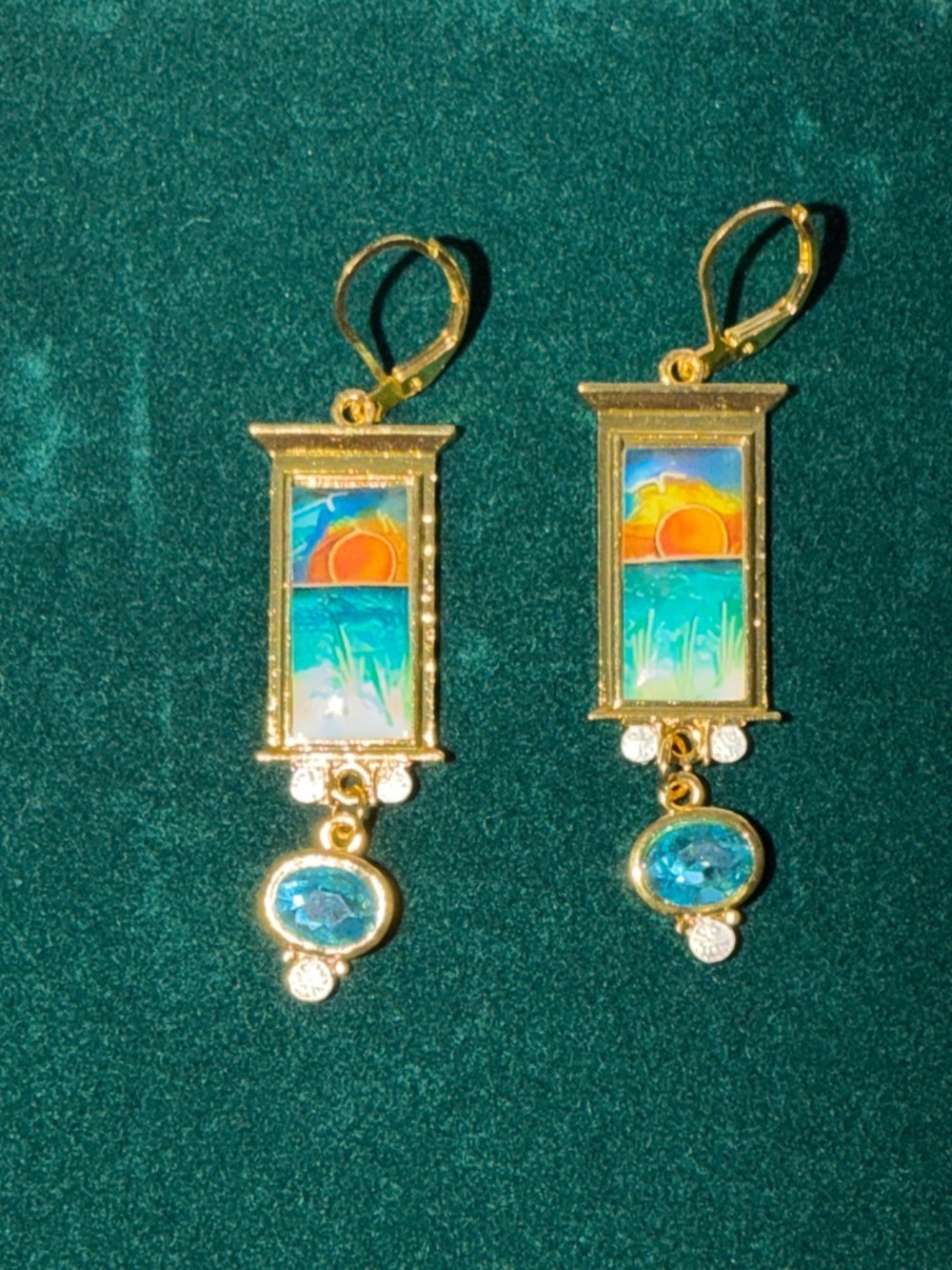 Gold Sunset Window Dangle Earrings with Blue Gem